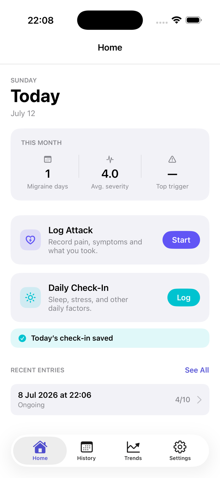 MirgaMe home screen showing this month's summary, quick logging, and recent entries