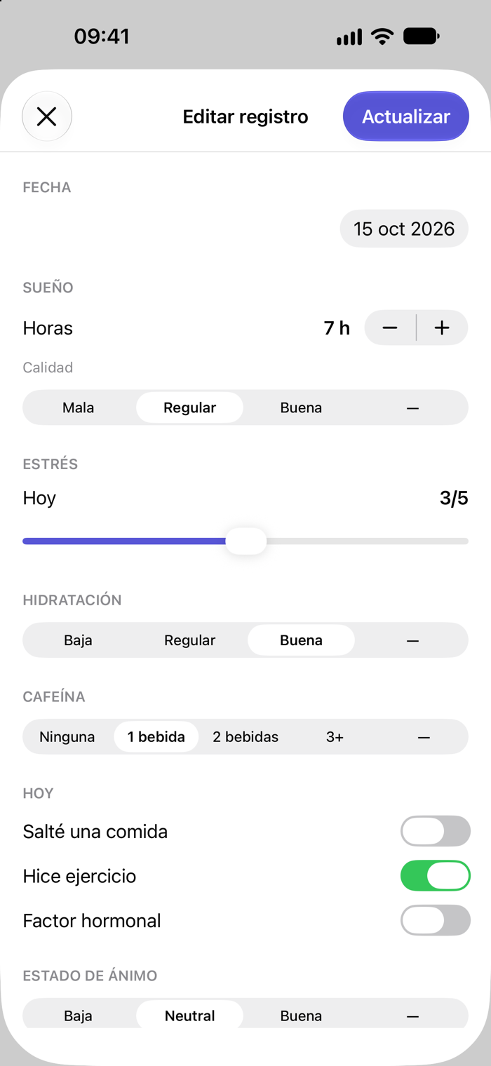 Pantalla del registro diario