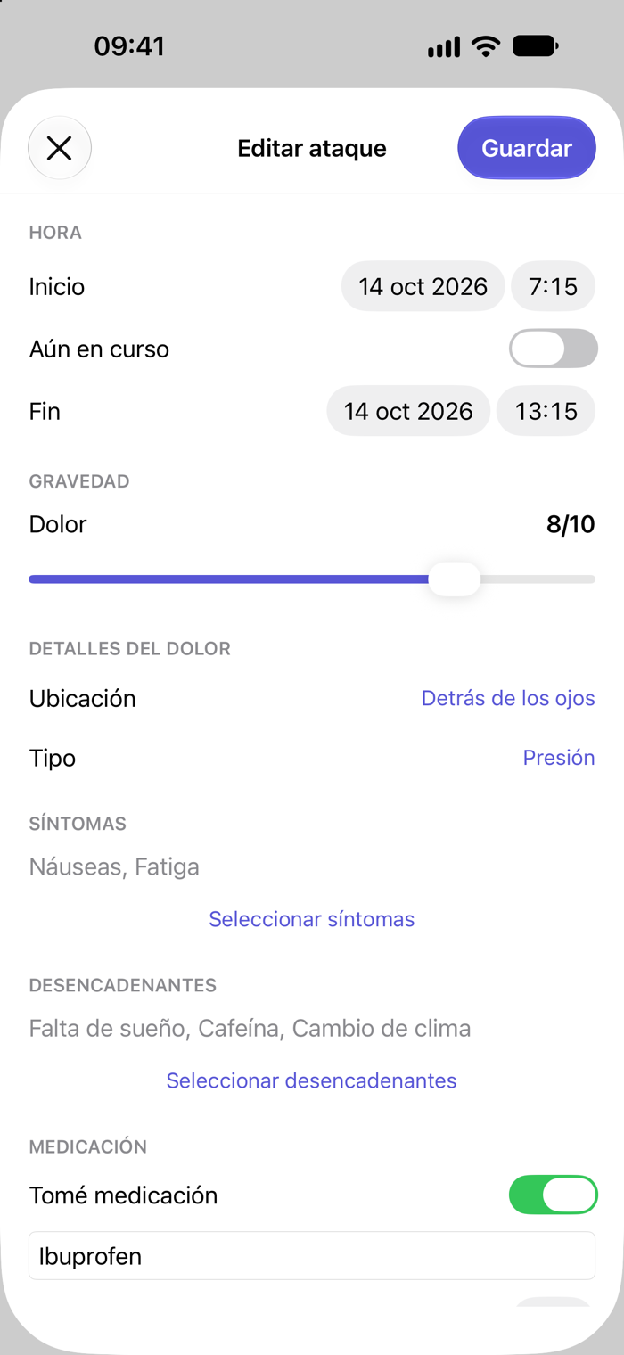 Pantalla para registrar un ataque
