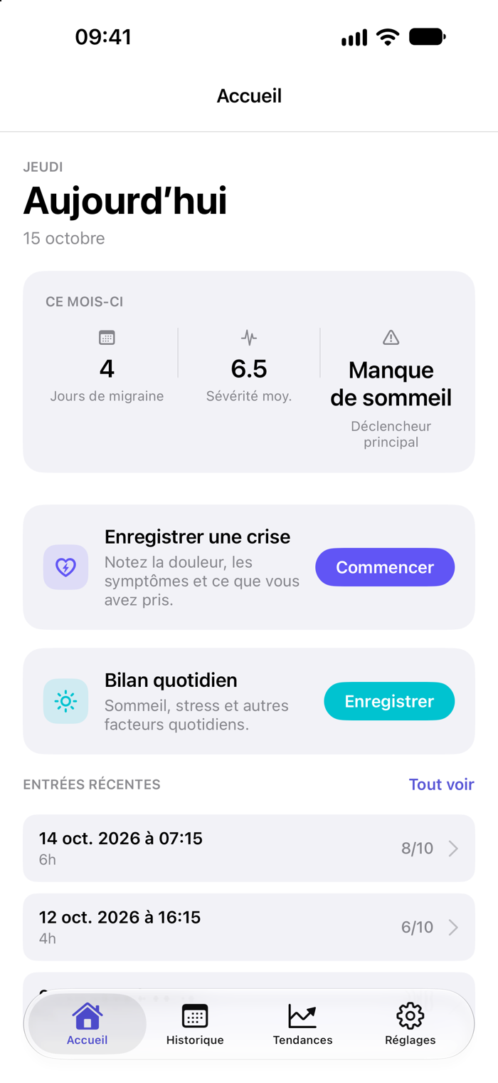 Écran d’accueil de MigraMe avec le résumé du mois, l’enregistrement rapide et les entrées récentes