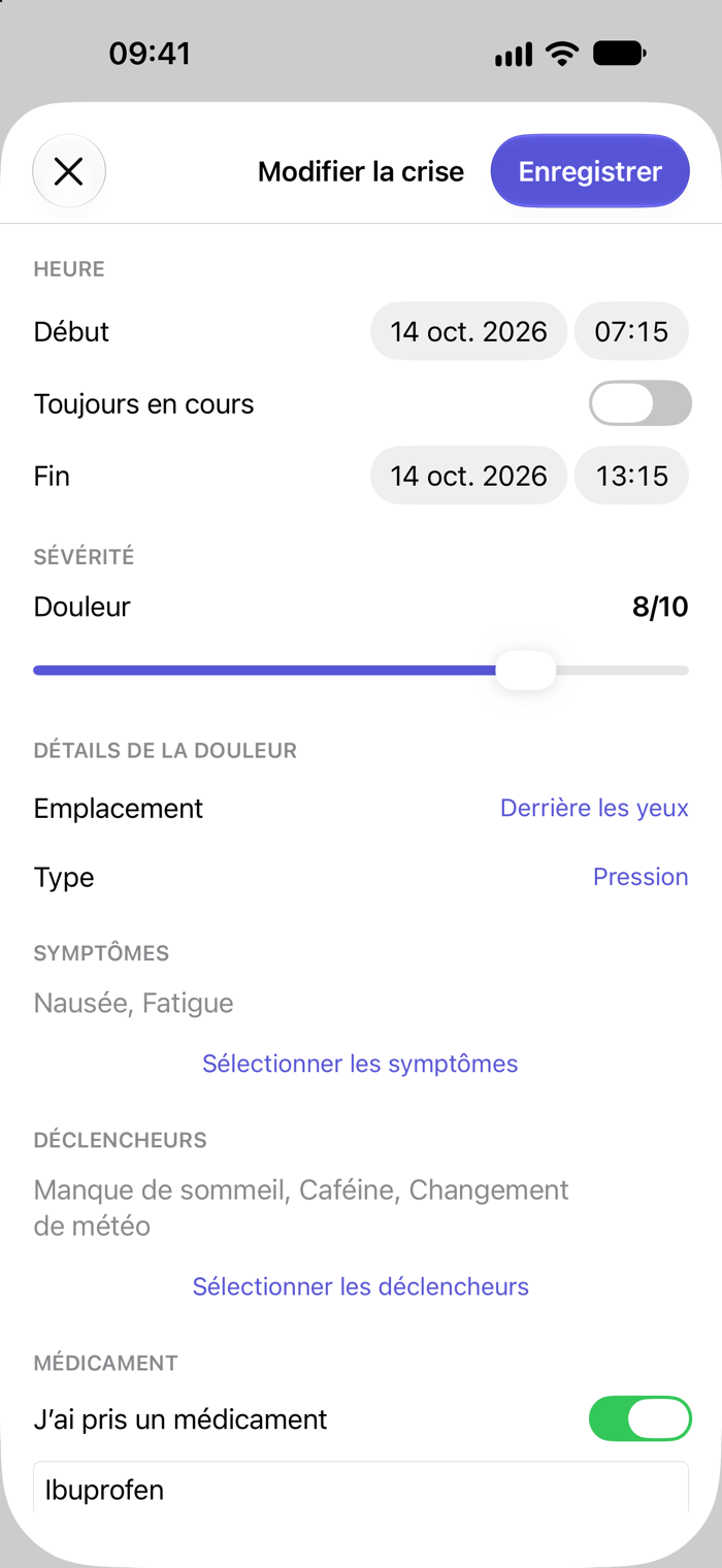 Écran d’enregistrement d’une crise