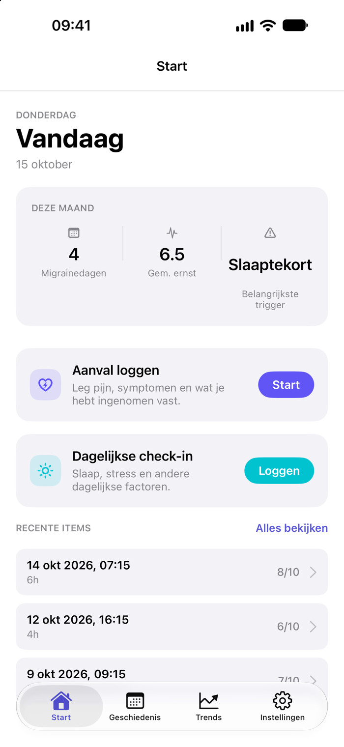 Startscherm van MigraMe met het overzicht van deze maand, snel loggen en recente items