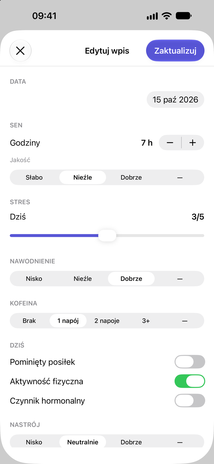 Ekran codziennego wpisu