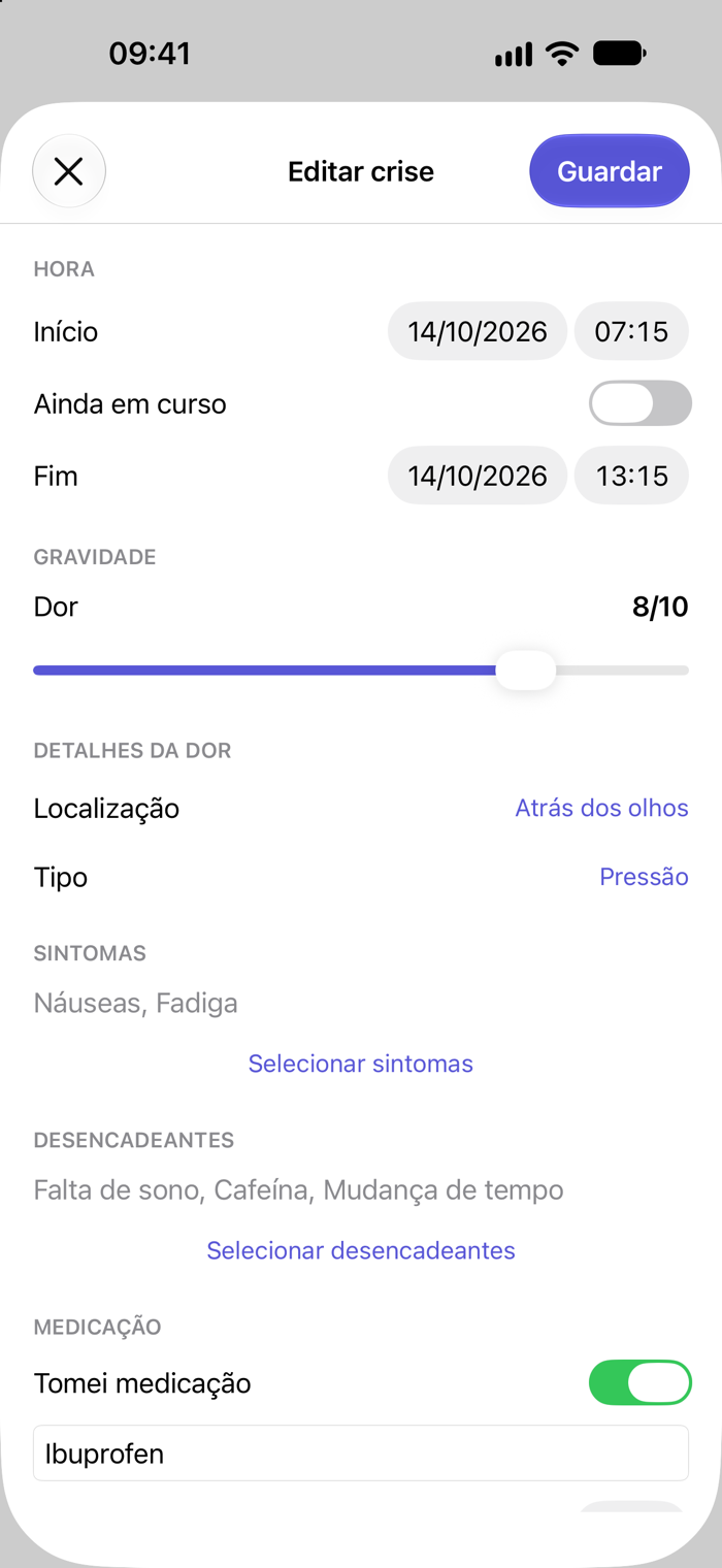 Ecrã de registo de uma crise